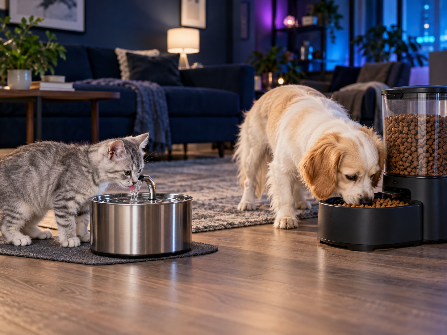Cão usando um comedouro automático e gato bebendo em uma fonte, em ambiente doméstico