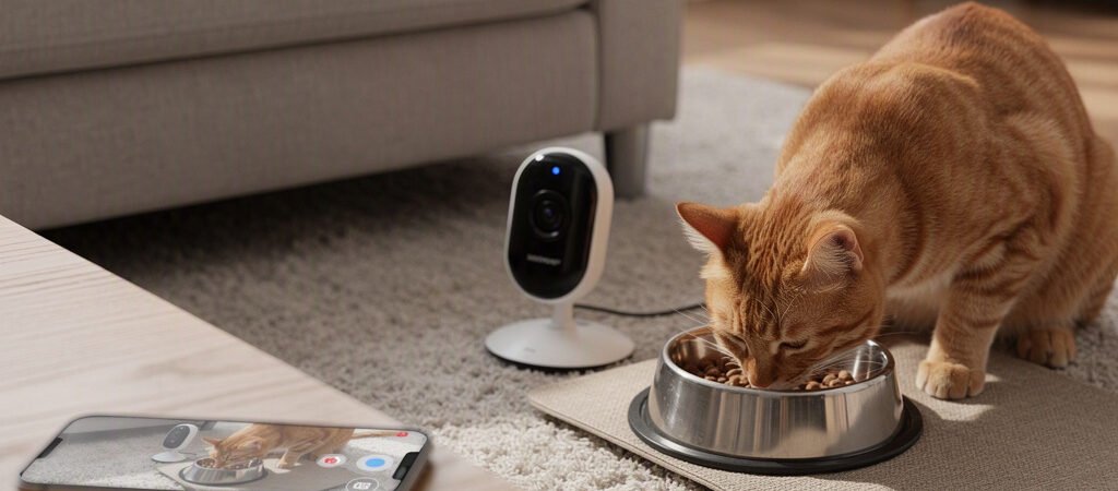 Como acompanhar a alimentação do gato à distância com uma câmera