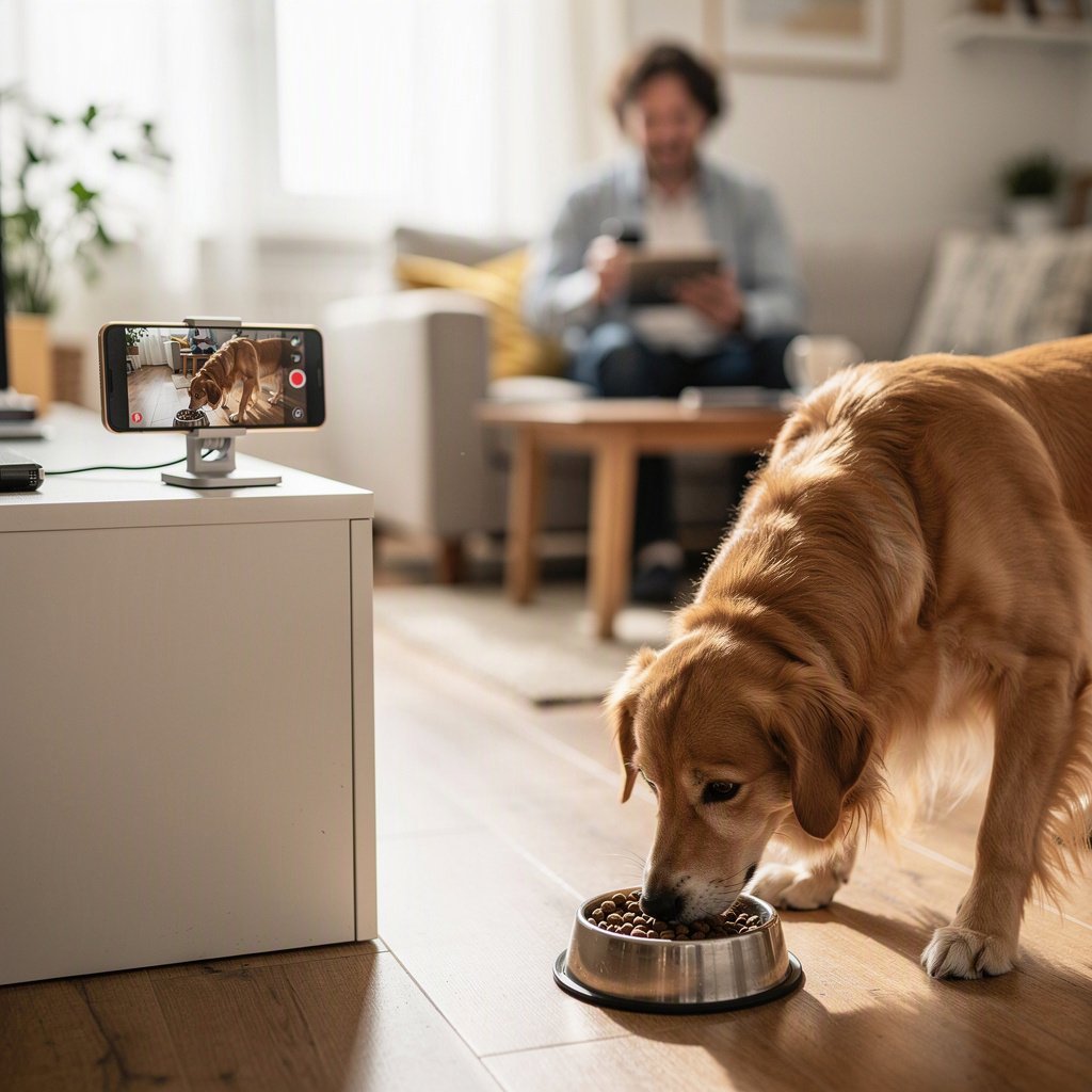 Como observar a rotina de alimentação do cão à distância com uma câmera